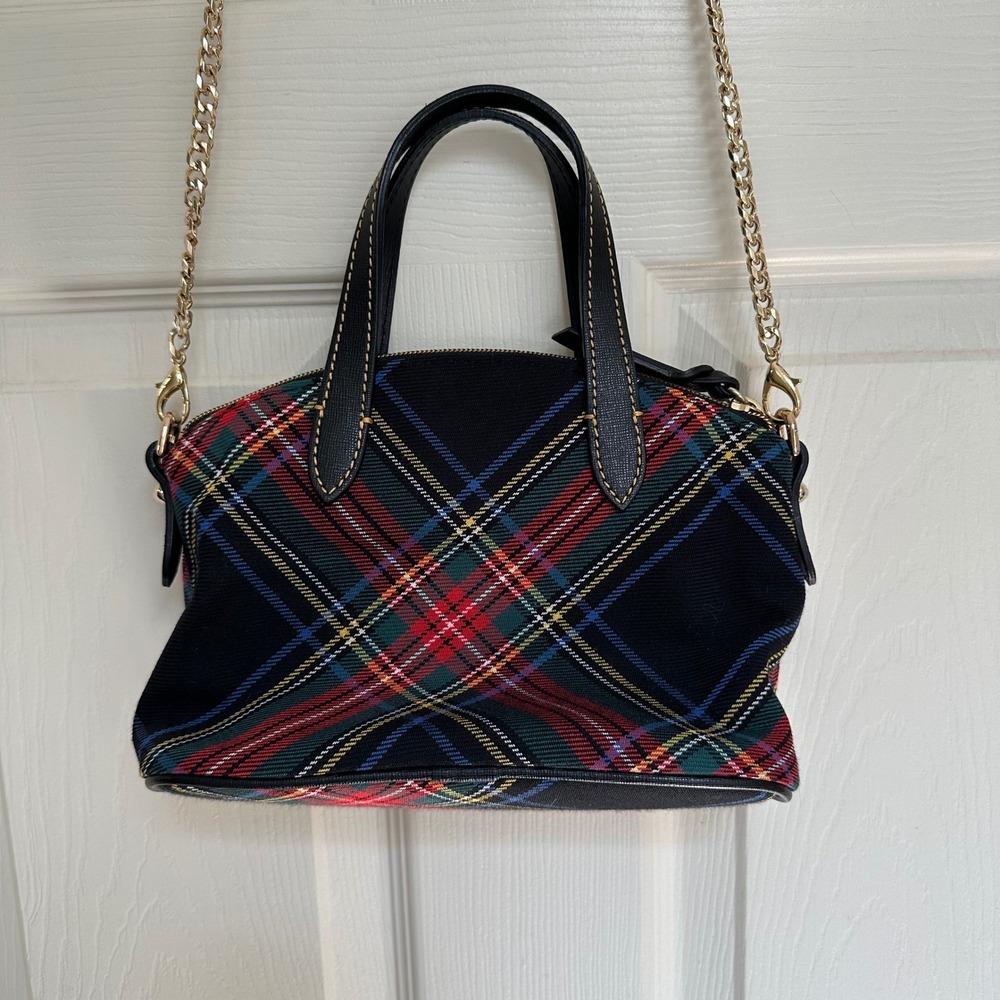 Dooney & Bourke Tartan Plaid Dome Satchel Crossbody Black Red Multi Gold Chain - Picture 3 of 16